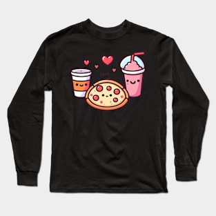 Cute Kawaii Food Art | Pizza Party with Pepperoni Pizza, Cola and Milkshake Long Sleeve T-Shirt